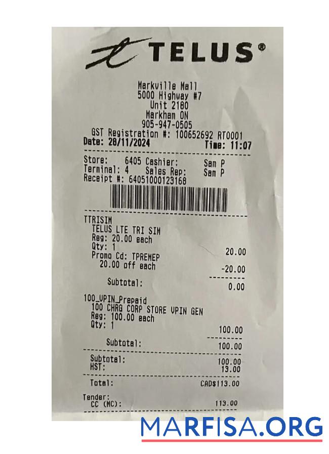 Blank Telus company payment receipt example